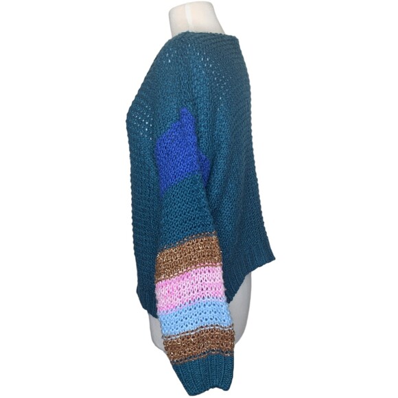Heartloom Women’s Large Open Knit Sweater Teal Multi Color Block Sleeves Boho - Picture 8 of 9